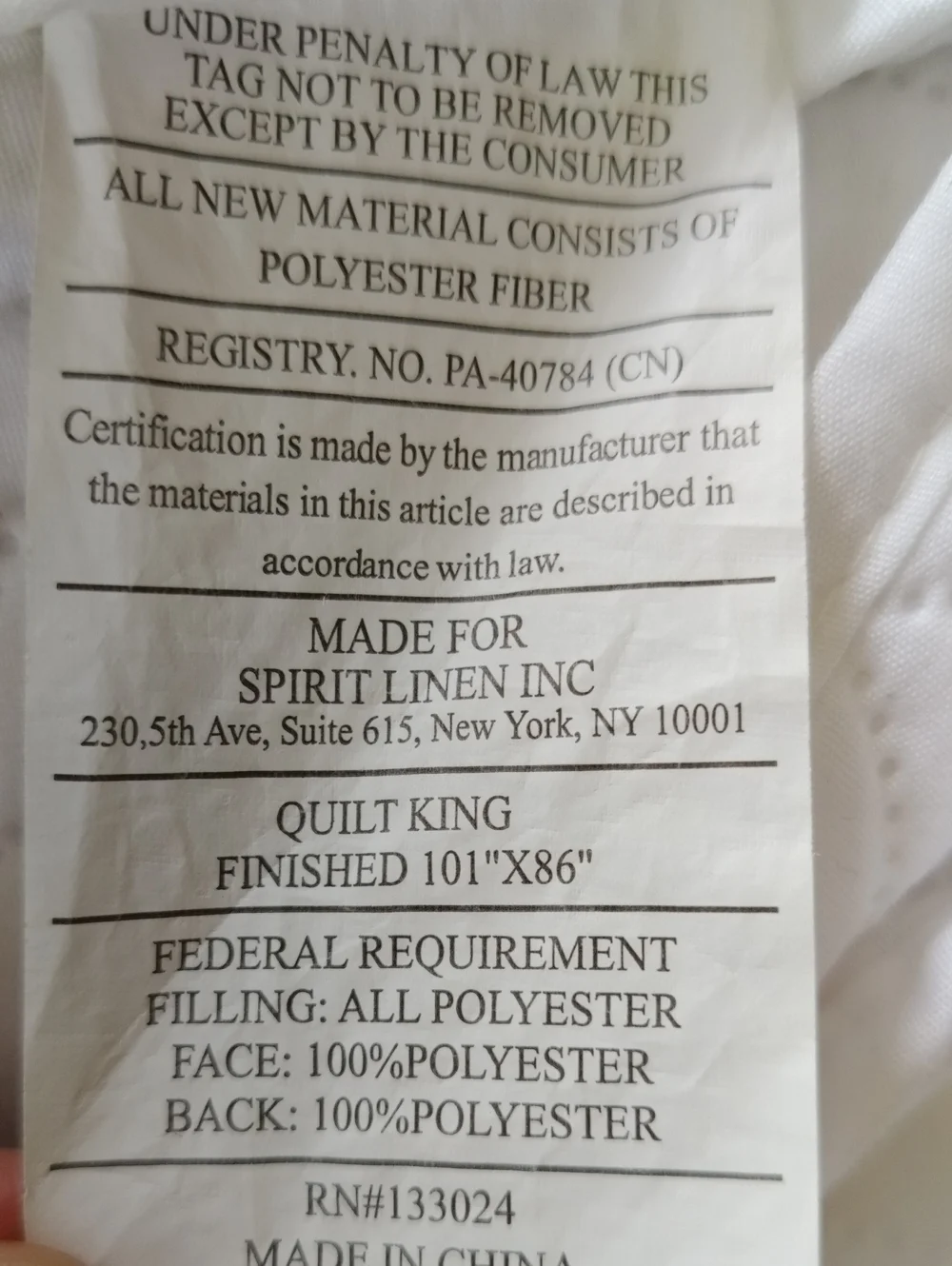 King Size White Quilt Only